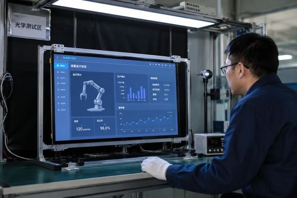 Industrial LCD module under optical inspection for brightness, reflection control, and front-surface readability evaluation
