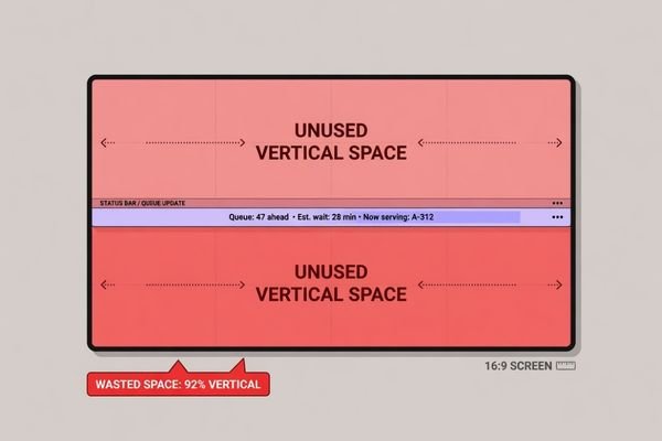 A diagram showing a public service display using a standard screen to present a long horizontal service timeline, leaving unused vertical space and reducing layout efficiency.