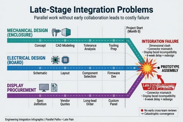 A project timeline graphic showing parallel development streams for mechanical, electrical, and display selection, which only converge late at the 