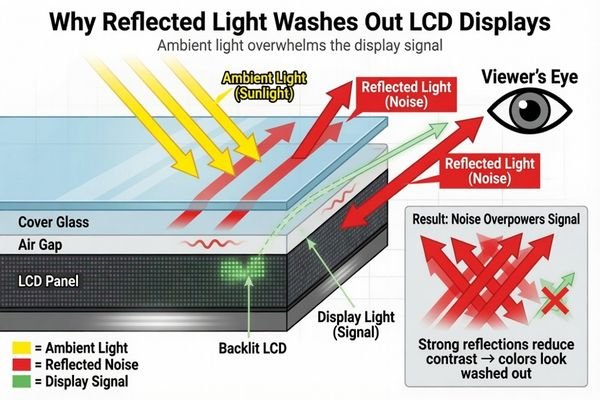Ambient light reflection reducing LCD module readability