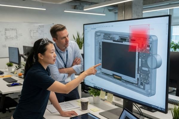 An engineer and a project manager reviewing a 3D CAD model that shows both the equipment enclosure and the LCD module, pointing out areas of conflict.