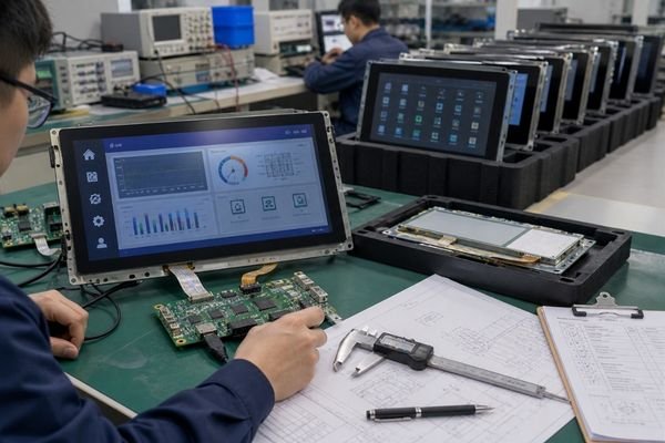 Engineer validating an industrial LCD module from prototype testing to pilot run with controller board, inspection tools, and batch production samples