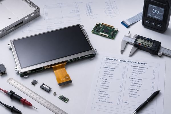 LCD module engineering review workstation with display module, FPC, controller board, caliper, luminance meter and checklist