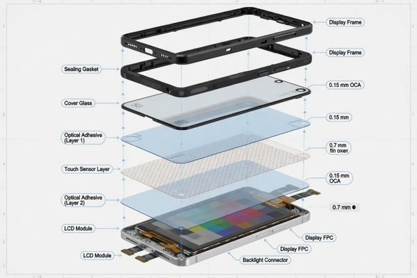 LCD module bonding structure with touch panel, cover glass, adhesive layer, and mechanical stack-up