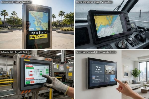 Different application environments for LCD module optical stack design, including outdoor kiosk, marine equipment, industrial control panel, and smart terminal