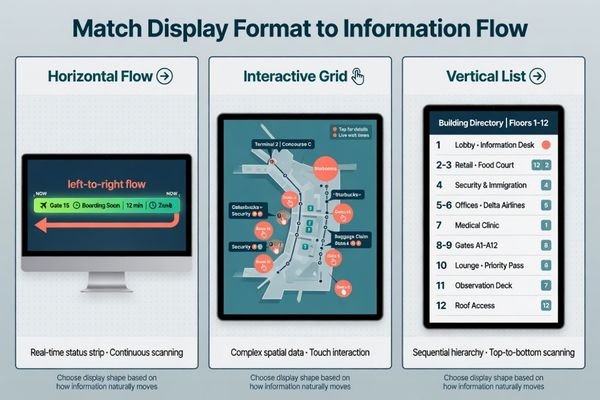 An infographic showing different types of information flow matched with display formats: a horizontal status strip for a bar LCD, a grid-based information panel for a standard screen, and a vertical directory layout for portrait display use.