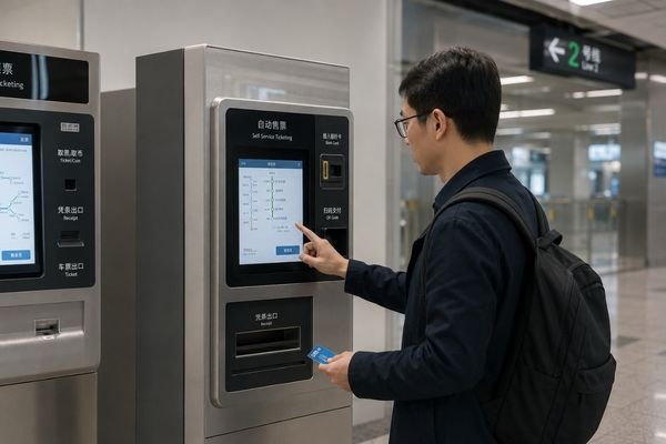 Metro ticket kiosk with small LCD display for user interaction.