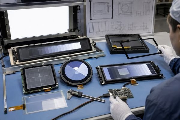 Non-standard LCD modules inspected in a validation station with bar type, square, round, and ultra-wide display formats, cover glass samples, FPC cables, and interface boards