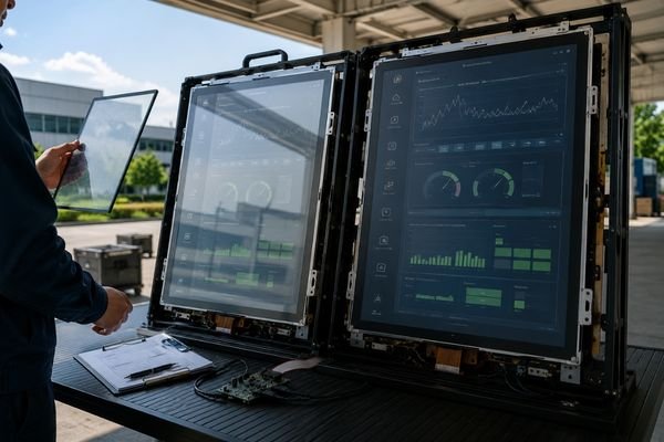 Industrial LCD modules compared for optical bonding and air gap readability, showing glare on one display and clearer contrast on the bonded display