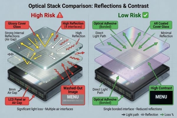 Optical stack risk review for custom LCD modules with touch and cover glass