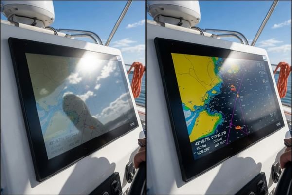 An image comparing two outdoor LCD modules under sunlight: one with strong glare and low readable contrast, and one with controlled reflection and clearer visible content.