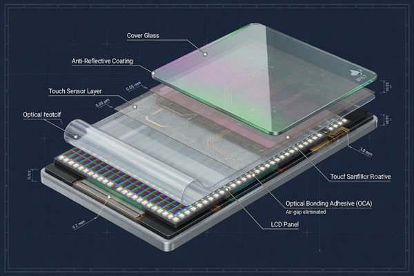 A cutaway diagram of an outdoor LCD module stack showing cover glass, optional AG/AR treatment, touch layer, optical adhesive or air gap, and LCD panel.