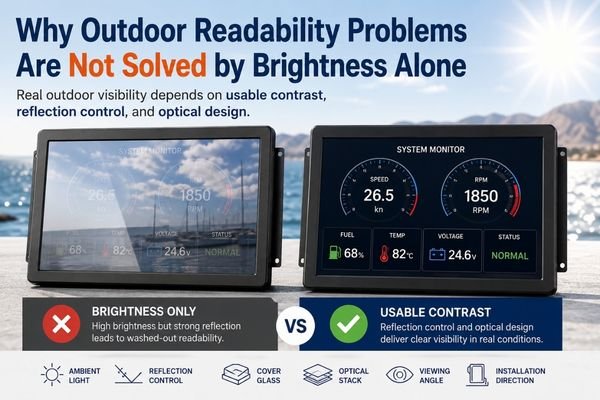 Outdoor LCD readability comparison showing brightness alone versus usable contrast with reflection control and optical design