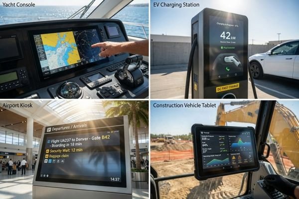 A collage of outdoor and high ambient-light display applications: a marine control display, an outdoor service terminal, a semi-outdoor kiosk near a window, and a bright industrial control panel.