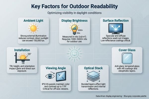 An infographic showing key factors for outdoor readability: ambient light, brightness, reflection, cover glass, optical stack, viewing angle, and installation direction.