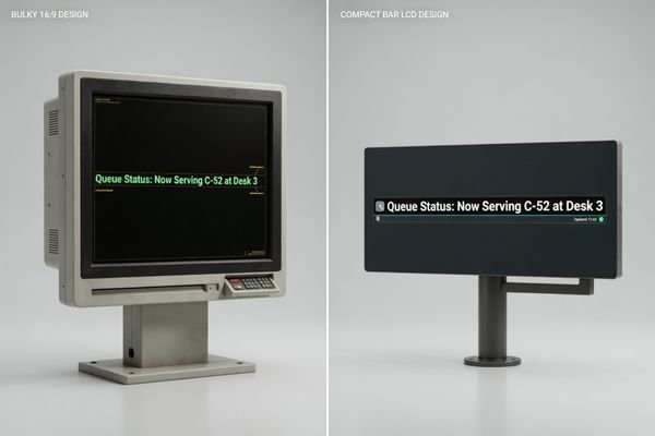 An image comparing two public information terminal layouts: one using a standard screen with wasted display space, and one using a bar LCD format to present service status, directions, and system messages more efficiently.
