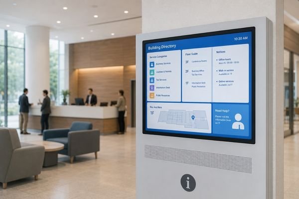 Commercial display module used in a public information system inside a modern service lobby