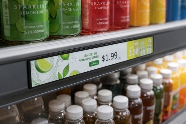 Stretched LCD module installed on a retail shelf edge for product information display