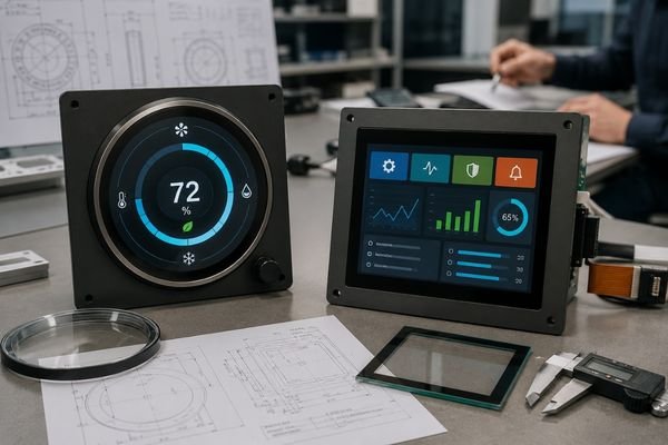 Round LCD module and square LCD module compared in an industrial product design review scene with prototype front panels and UI layouts