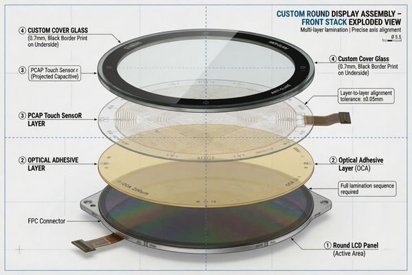 Touch cover glass and optical bonding structure for custom round LCD module