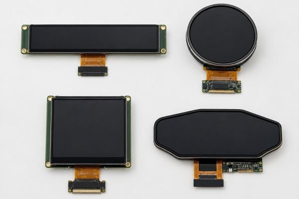 Bar, round, square, and irregular special-shaped LCD modules with FPC connectors on a clean studio background