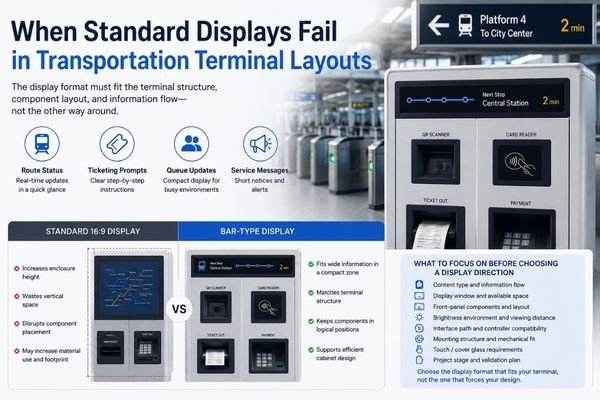 Transportation terminal layout comparison showing a standard 16:9 display versus a bar-type LCD integrated with ticketing, scanning, and payment components