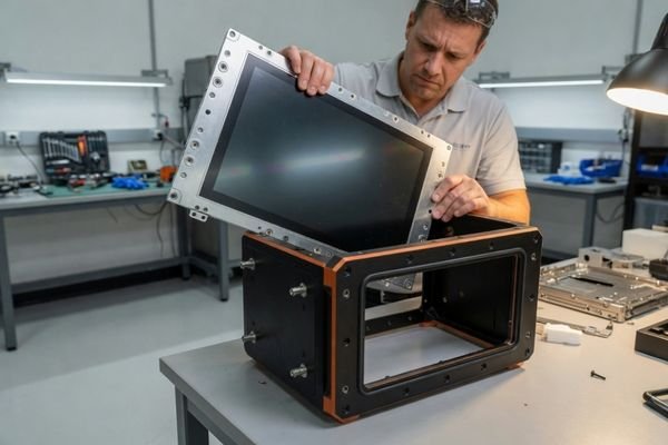 An engineer holding a standard LCD module that clearly does not align with the mounting points and front opening of a custom equipment enclosure.
