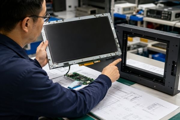 Engineer reviewing a standard LCD module that does not align with a custom equipment enclosure during OEM display integration.