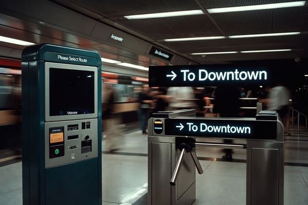 An image comparing two transportation terminal layouts: one using a standard 16:9 display that increases enclosure height, and one using a bar-type LCD integrated above ticketing or scanning components.
