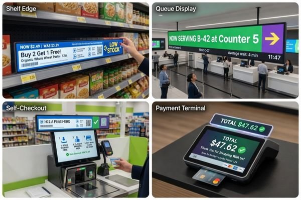 An image collage showing stretched LCD applications in retail and kiosk environments: a shelf-edge display, a queue number display, a self-checkout instruction screen, and a compact payment terminal display.
