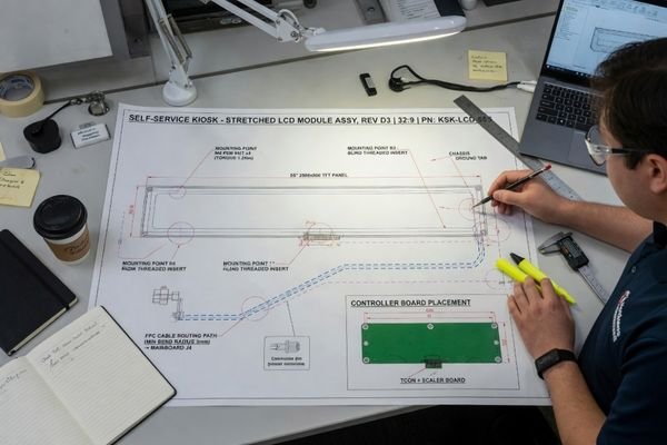 An engineer reviewing a technical drawing that shows a stretched LCD module, mounting points, FPC cable route, and connection path to the mainboard inside a kiosk enclosure.
