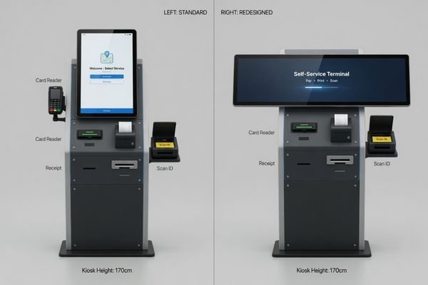 An image comparing two kiosk front-panel layouts: one crowded layout using a standard 16:9 screen, and one cleaner layout using a stretched LCD integrated above components such as a card reader, scanner, and printer.