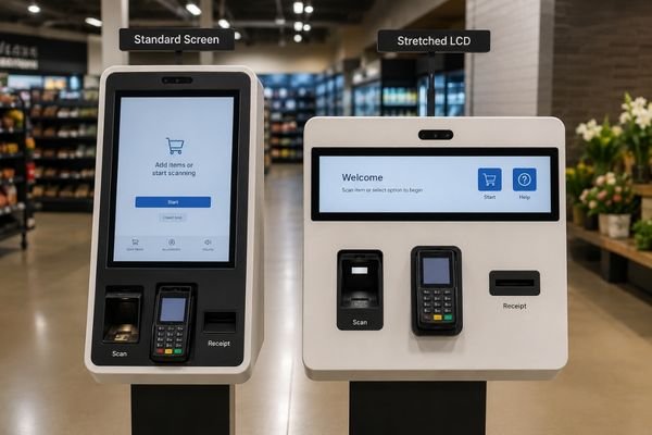 Standard screen and stretched LCD comparison for retail self-service kiosk front-panel layout
