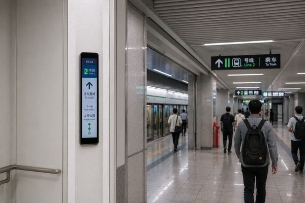 Busy subway corridor with digital advertisement and information displays.