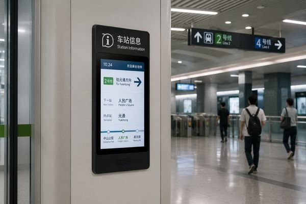 Modern subway station with digital information terminals showing timetable and routes.