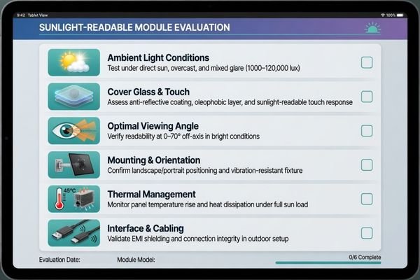 An engineering checklist for evaluating a sunlight-readable LCD module, showing ambient light, cover glass, viewing angle, mounting direction, thermal path, interface path, and validation stage.