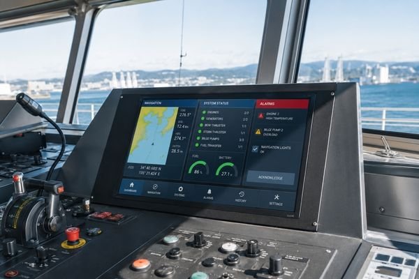 Sunlight-readable LCD module installed in a ship bridge control system for marine navigation and system monitoring