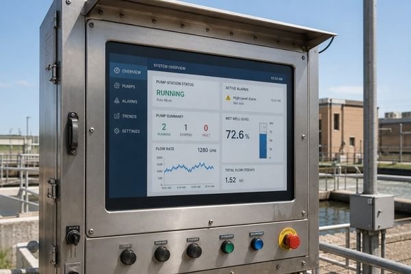 Sunlight-readable LCD module embedded in a rugged outdoor industrial control system for pump station monitoring