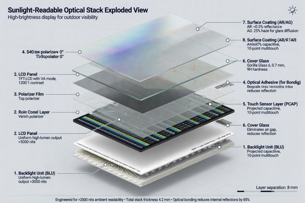 Full optical stack review for sunlight readable LCD module design