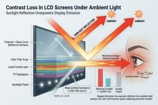A diagram showing sunlight hitting an LCD screen: one arrow shows display light output, while reflected sunlight from the front surface reduces readable contrast.