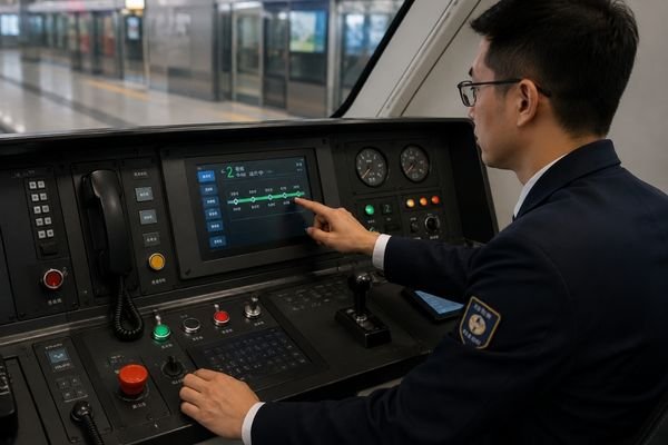 Train operator controlling a modern train from a cockpit with digital dashboard screens.