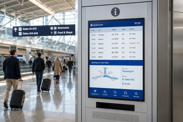 Commercial display module integrated into an airport terminal information kiosk for departures and gate guidance