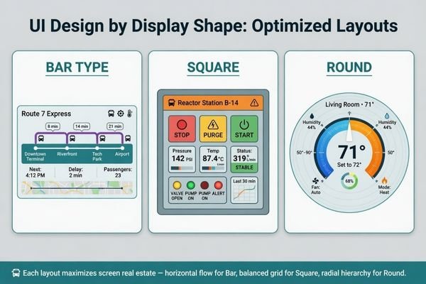 UI layout comparison for bar type square and round LCD modules
