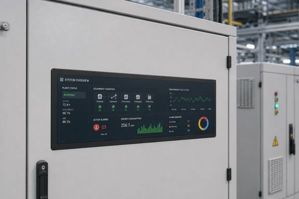 Ultra-wide LCD module mounted on an industrial control cabinet door for system monitoring