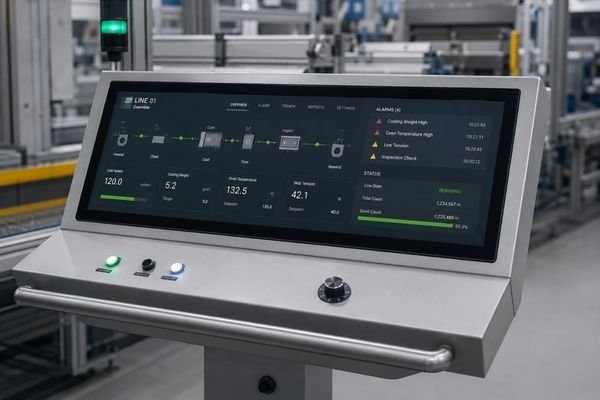 Ultra-wide LCD module integrated into an industrial control console for operator interface and alarm monitoring