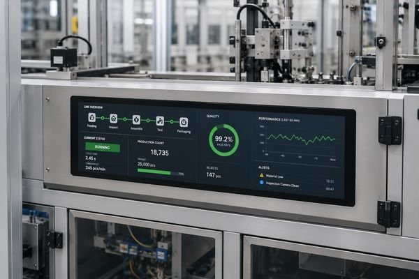 Ultra-wide LCD module integrated into automated industrial equipment for machine status and process visualization