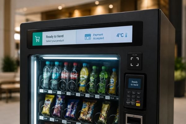 Stretched LCD module integrated into a vending machine for retail self-service applications