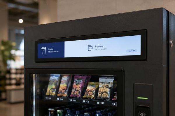 Stretched LCD module integrated into a vending machine for retail self-service applications