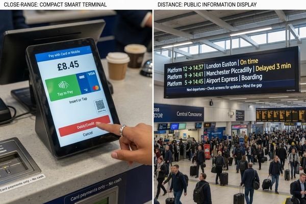 An image showing two public-facing display situations: one smart terminal viewed at close range, and one long information display viewed from a service hall or public corridor.