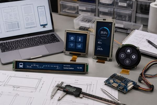 Custom LCD display modules with different aspect ratios evaluated on an engineering workbench for aspect ratio design, UI layout, and mechanical integration